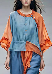 French Blue Ruffled Patchwork Button Shirts Full