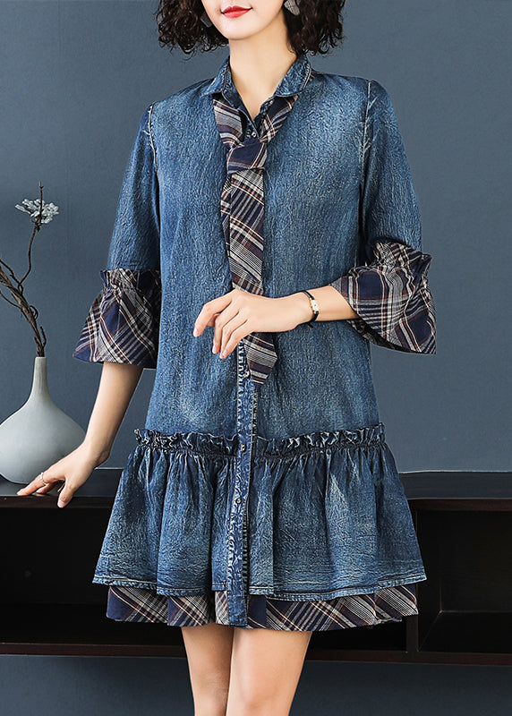 French Blue Ruffled Patchwork Denim Shirts Dress Bracelet Sleeve