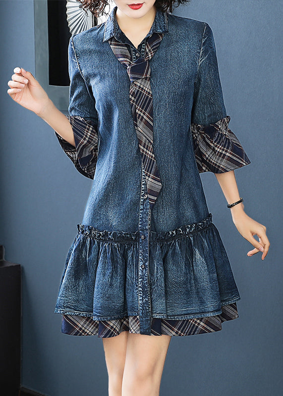 French Blue Ruffled Patchwork Denim Shirts Dress Bracelet Sleeve