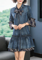 French Blue Ruffled Patchwork Denim Shirts Dress Bracelet Sleeve