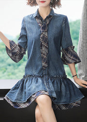 French Blue Ruffled Patchwork Denim Shirts Dress Bracelet Sleeve