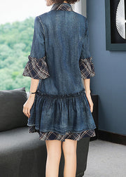 French Blue Ruffled Patchwork Denim Shirts Dress Bracelet Sleeve