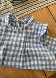 French Blue Ruffled Plaid Loose Cotton Top Summer