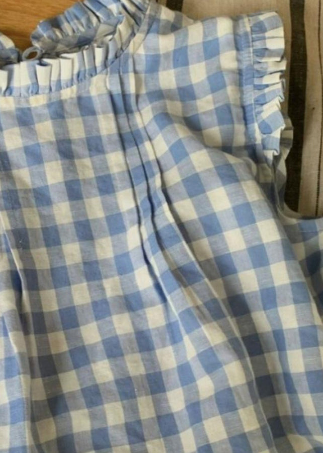 French Blue Ruffled Plaid Loose Cotton Top Summer