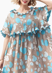 French Blue Ruffled Print Cotton Long Dresses Short Sleeve