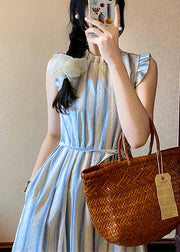 French Blue Ruffled Striped Cotton Long Dresses Summers