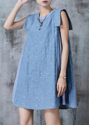 French Blue Sequins Patchwork Denim Day Dress Summer