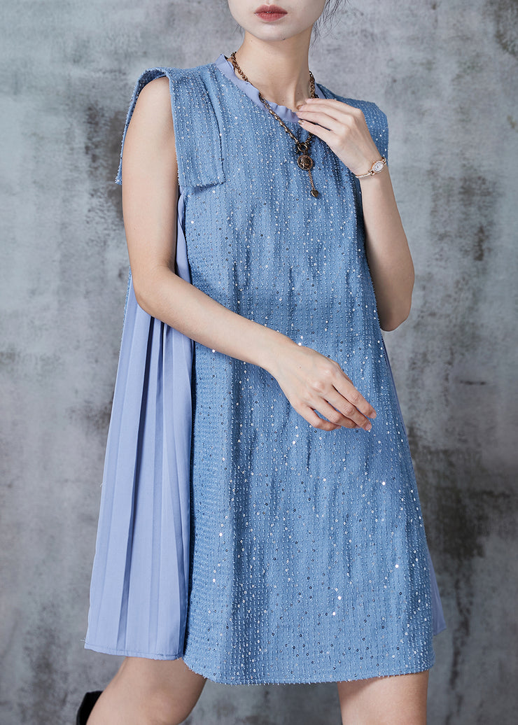 French Blue Sequins Patchwork Denim Day Dress Summer