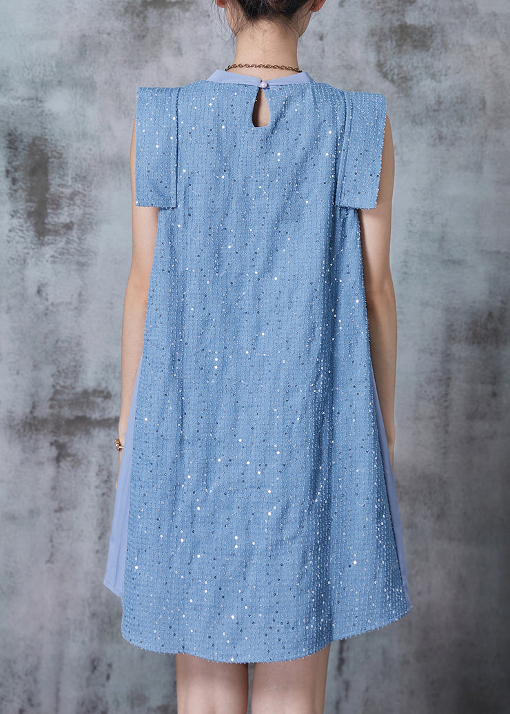 French Blue Sequins Patchwork Denim Day Dress Summer