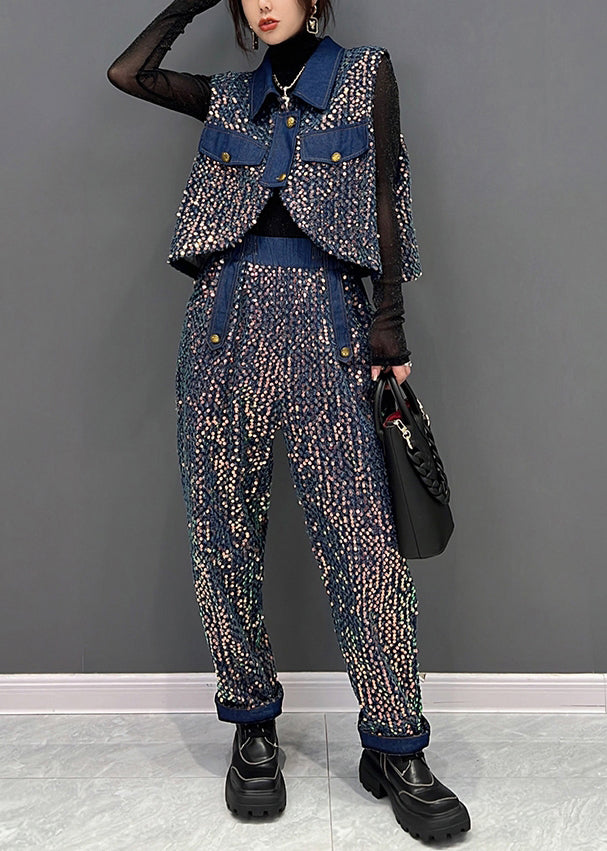 French Blue Sequins Tops And Pants Denim Two Piece Suit Set Fall