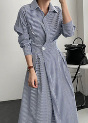 French Blue Striped Peter Pan Collar Patchwork Cotton Shirts Dress Spring