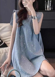 French Blue Tulle Patchwork Sequins Mid Dress Summer