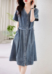 French Blue V Neck Button Drawstring Denim Blouses Dresses Summer