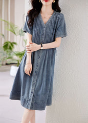 French Blue V Neck Button Drawstring Denim Blouses Dresses Summer