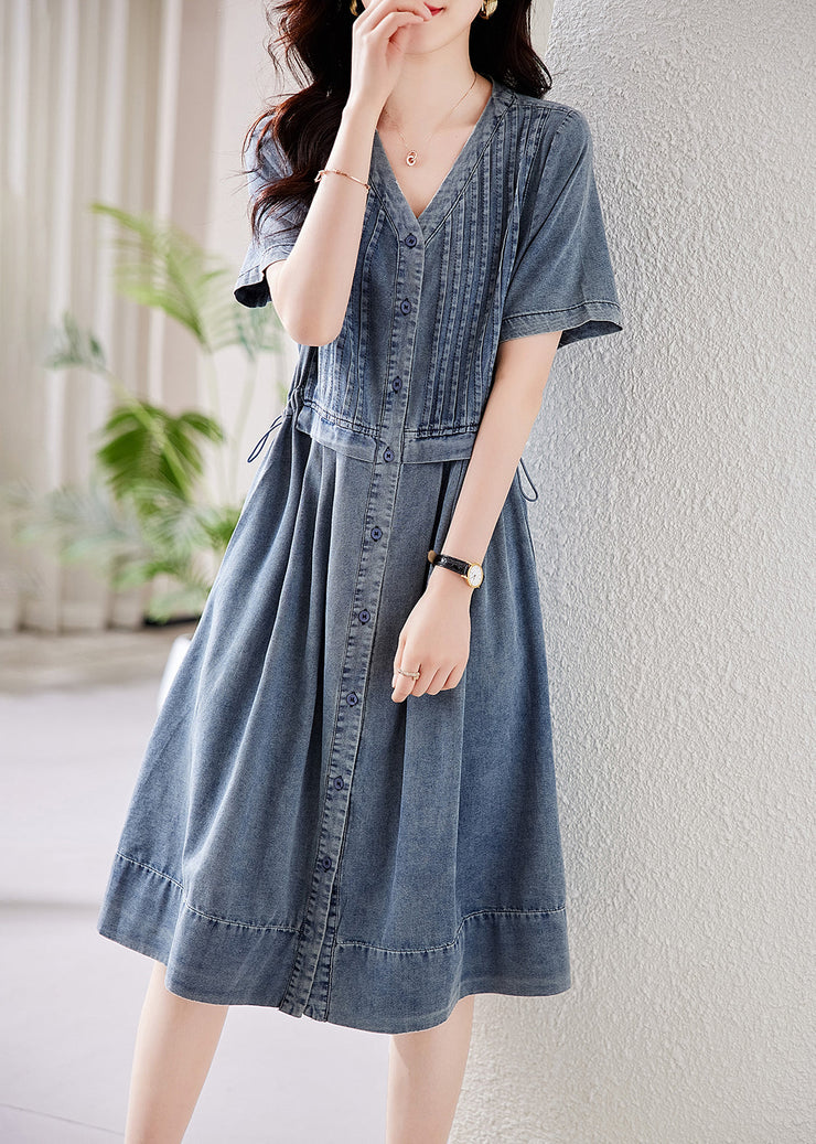 French Blue V Neck Button Drawstring Denim Blouses Dresses Summer