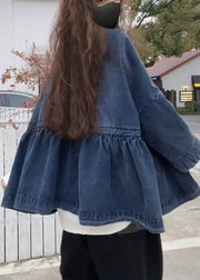 French Blue V Neck Button Pockets Denim Coats Long Sleeve