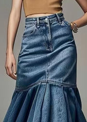 French Blue Wrinkled High Waist Denim Fishtail Skirt Summer