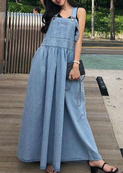 French Blue Wrinkled Patchwork Denim Long Dress Sleeveless