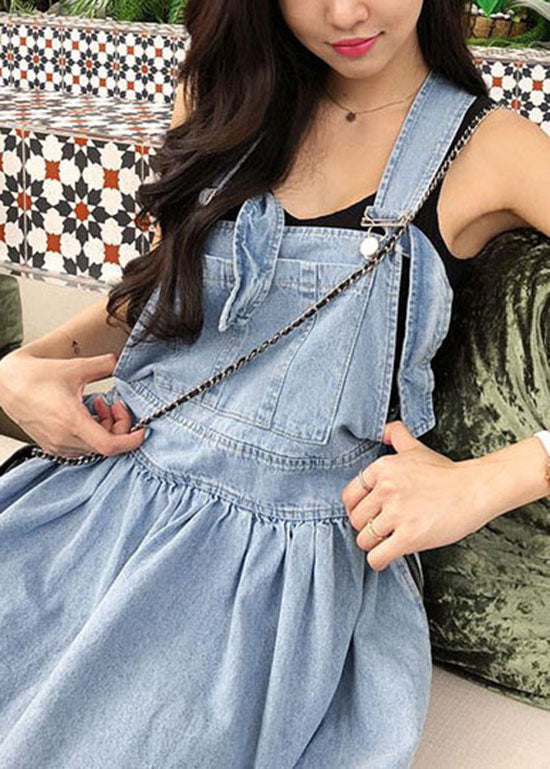 French Blue Wrinkled Patchwork Denim Long Dress Sleeveless