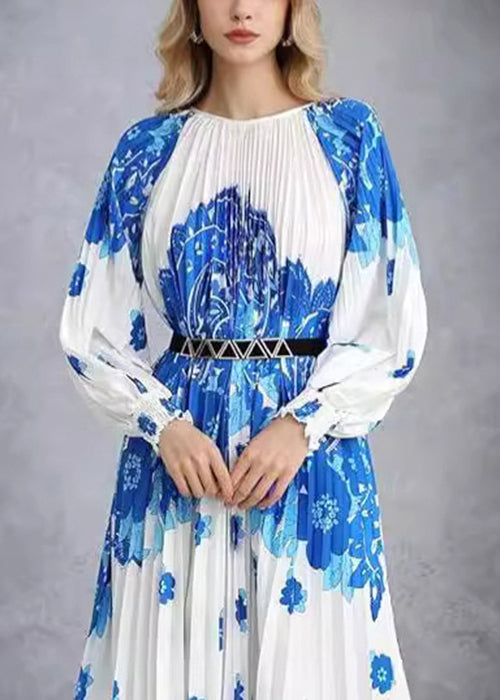 French Blue Wrinkled Print Cotton Long Dress Fall