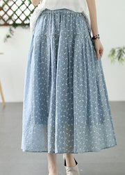 French Blue Wrinkled Print Elastic Waist Patchwork Cotton Skirt Summer