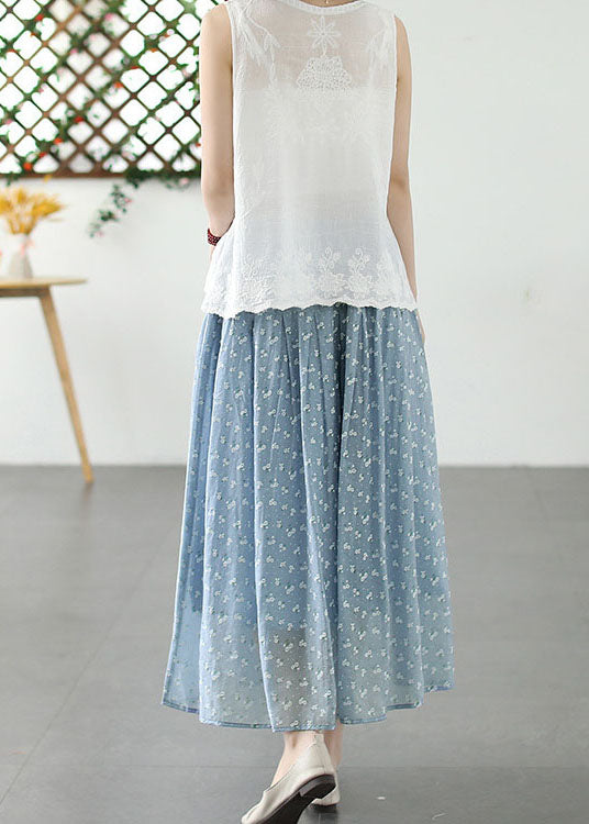 French Blue Wrinkled Print Elastic Waist Patchwork Cotton Skirt Summer