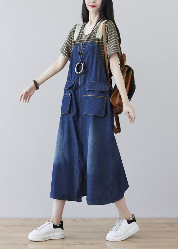 French Blue Zip Up Side Open Pockets Cotton Denim Strap Dresses Spring