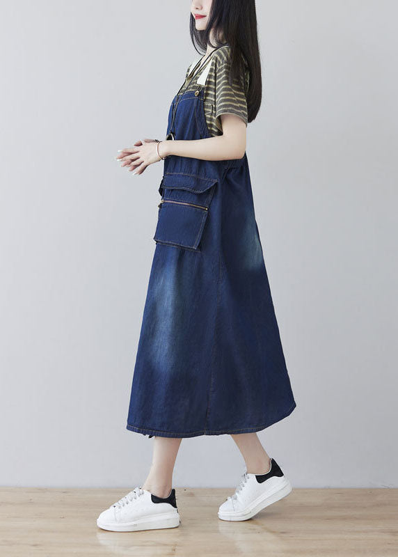 French Blue Zip Up Side Open Pockets Cotton Denim Strap Dresses Spring