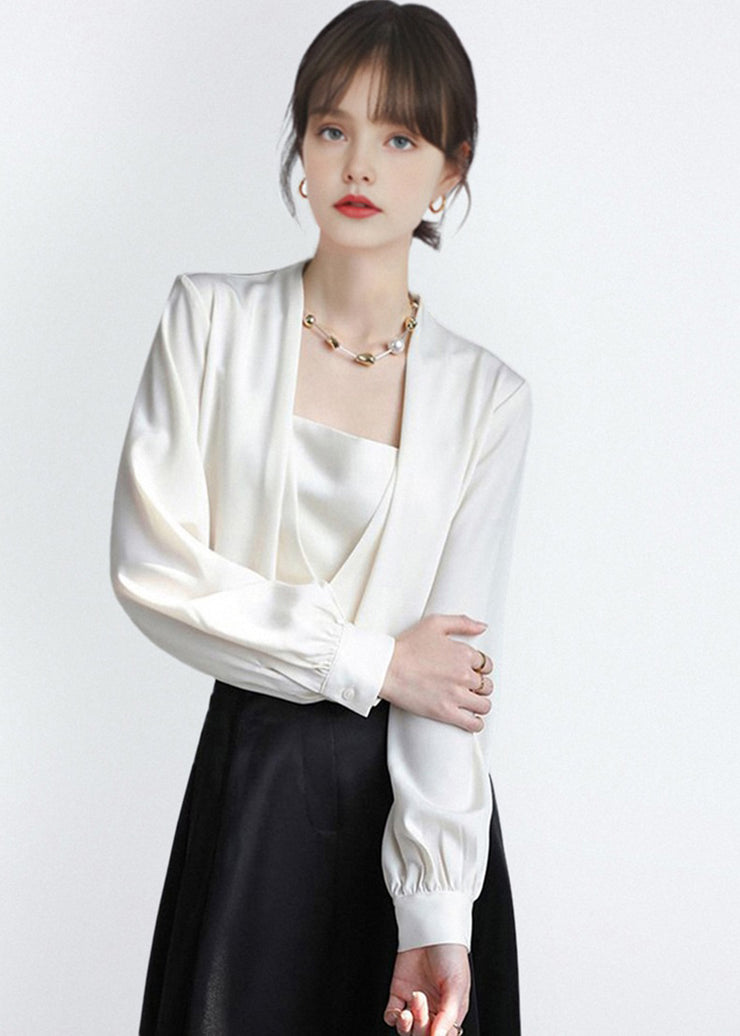 French Boutique White Satin Shirt Tops Fall