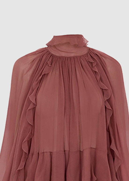 French Brick Red Ruffled Patchwork Chiffon Shirt Tops Fall