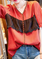 French Brick Red V Neck Patchwork Nail Bead Shirt Short Sleeve