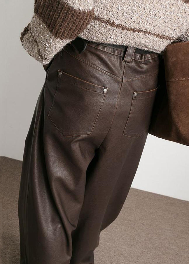 French Brown Pockets High Waist Faux Leather Pants Fall