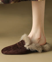 French Brown Slide Sandals Suede Fuzzy Wool Lined