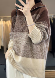 French Brown Zip Up Patchwork Cozy Cotton Knit Sweaters Long Sleeve