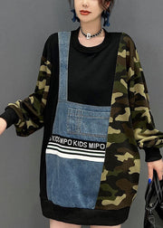 French Camouflage Asymmetrical Patchwork Denim Cotton Loose Sweatshirts Top Fall