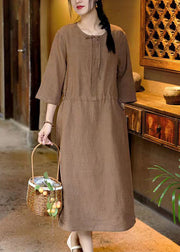 French Caramel Pockets Waist Linen Dresses Bracelet Sleeve