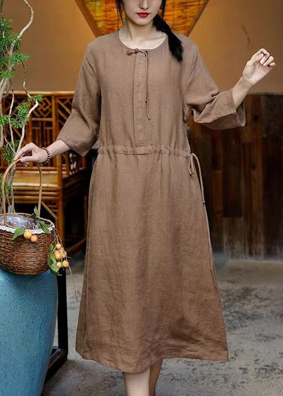 French Caramel Pockets Waist Linen Dresses Bracelet Sleeve