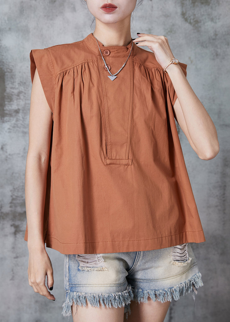 French Caramel Stand Collar Cotton Tank Sleeveless