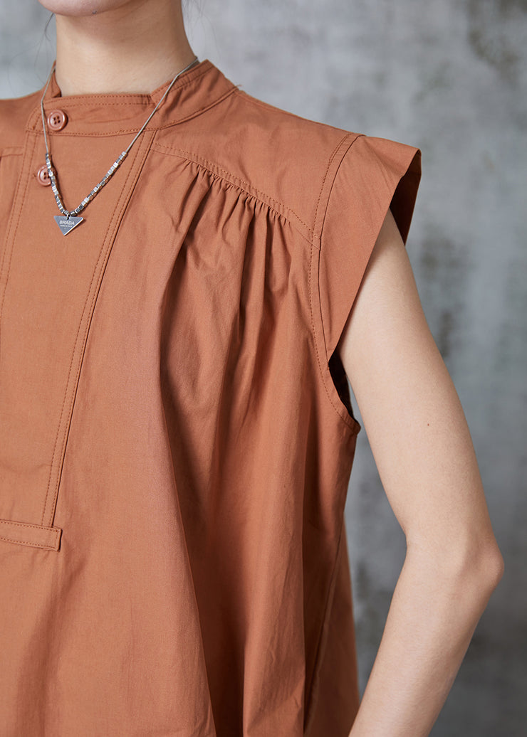 French Caramel Stand Collar Cotton Tank Sleeveless