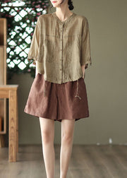 French Chocolate O Neck Patchwork Linen Blouses Summer