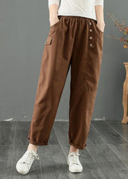 French Coffee Oversized Patchwork Button Cotton Harem Pants Summer