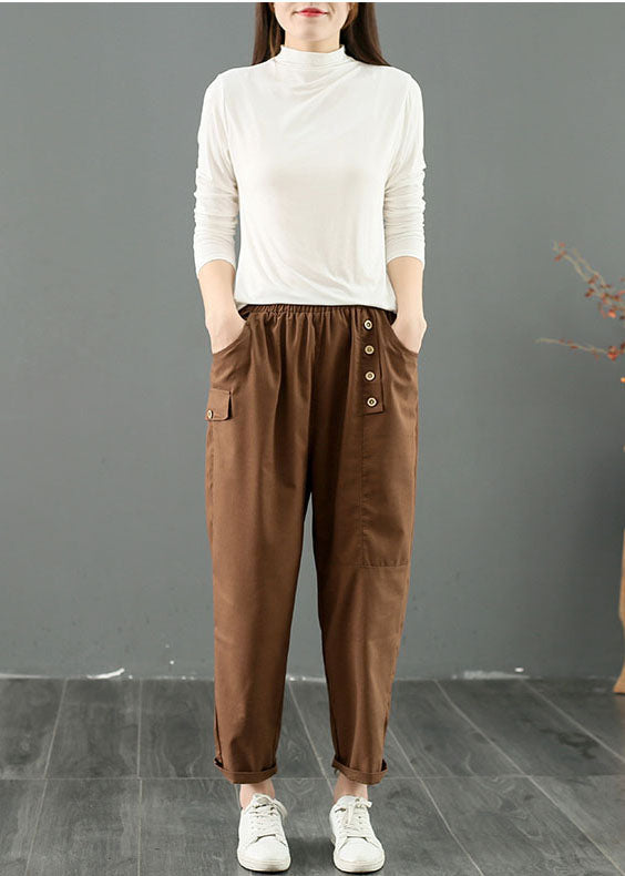 French Coffee Oversized Patchwork Button Cotton Harem Pants Summer