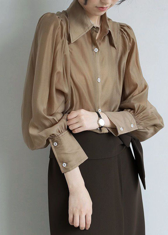 French Coffee Peter Pan Collar Patchwork Silk Shirt Puff Sleeve