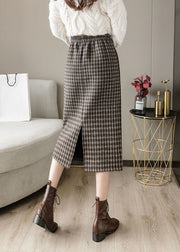 French Coffee Plaid Side Open Elastic Waist Woolen Skirts Spring