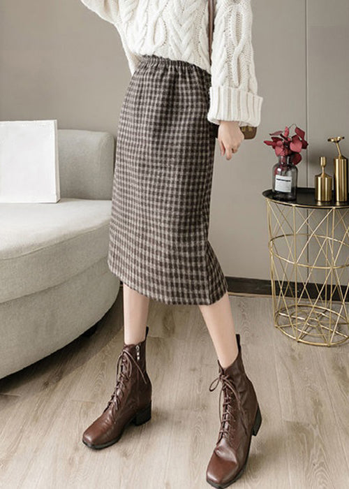 French Coffee Plaid Side Open Elastic Waist Woolen Skirts Spring