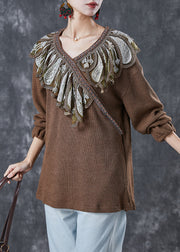 French Coffee Ruffled Patchwork Knit Sweater Spring