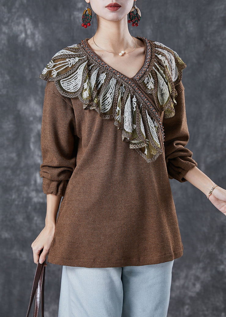 French Coffee Ruffled Patchwork Knit Sweater Spring