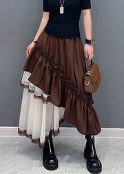 French Coffee Ruffled Pockets Patchwork Tulle Skirt Summer