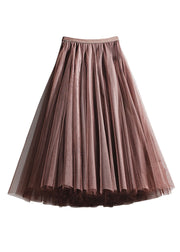 French Coffee Wrinkled Elastic Waist Tulle Skirts Summer