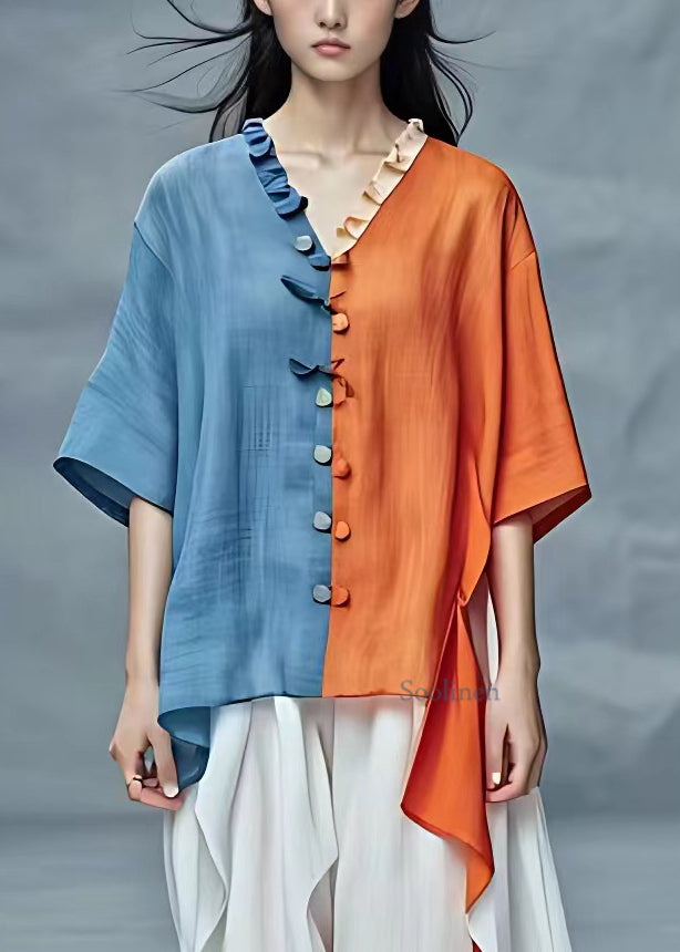 French Colorblock Ruffled Asymmetrical T Shirt Half Sleeve